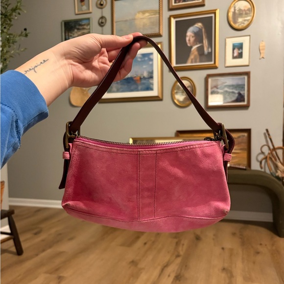 Coach Handbags - Y2K Pink Suede Coach Hamptons Demi Baguette Shoulder Bag